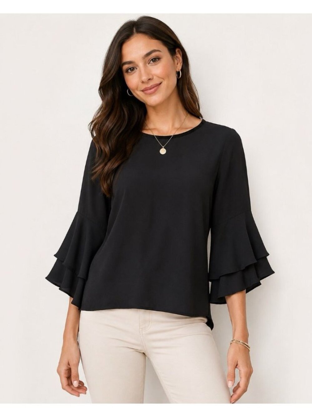 NWT LOFT XXSP Petite Black Ruffle Bell Sleeve Top Blouse Office Modest Feminine